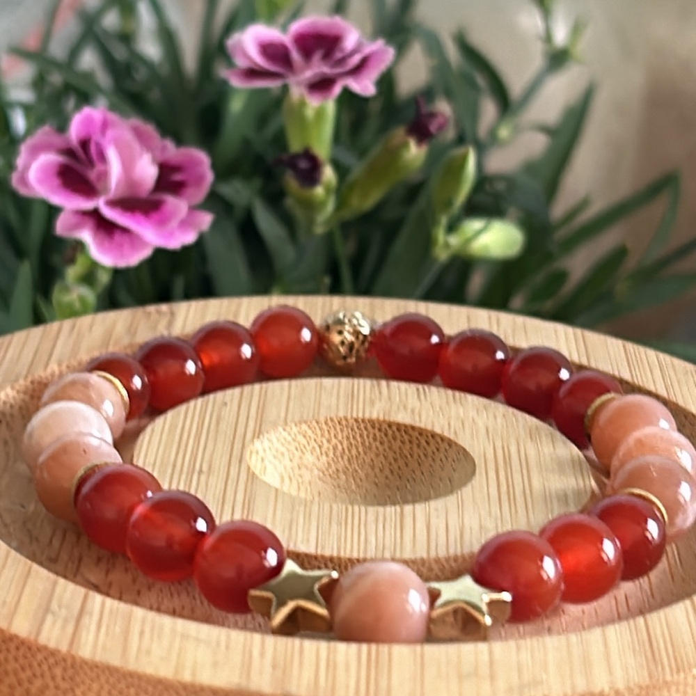 ❤️🧡🌟Handmade Carnelian + Peach Moonstone + Star Hematite + Lava Rock Bracelet